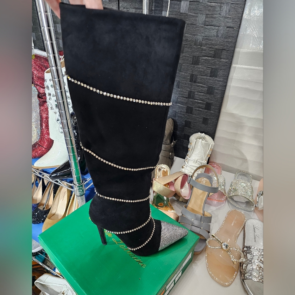Lauren Lorraine Black Heeled Boots with Rhinestones
